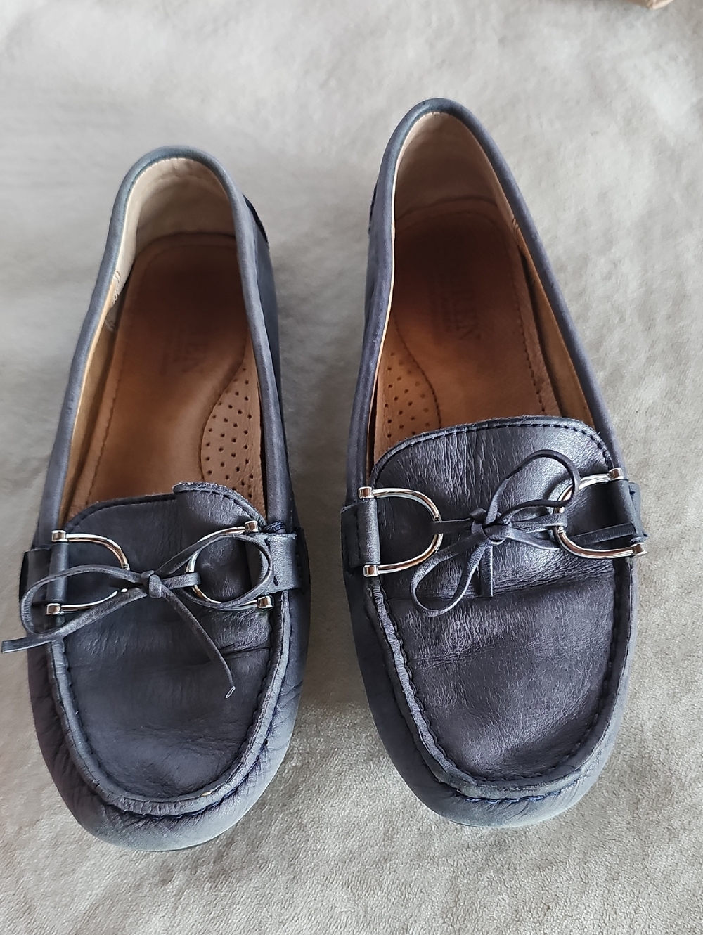 Ralph Lauren Navy Leather Bow Loafers with Silver Ring Accents